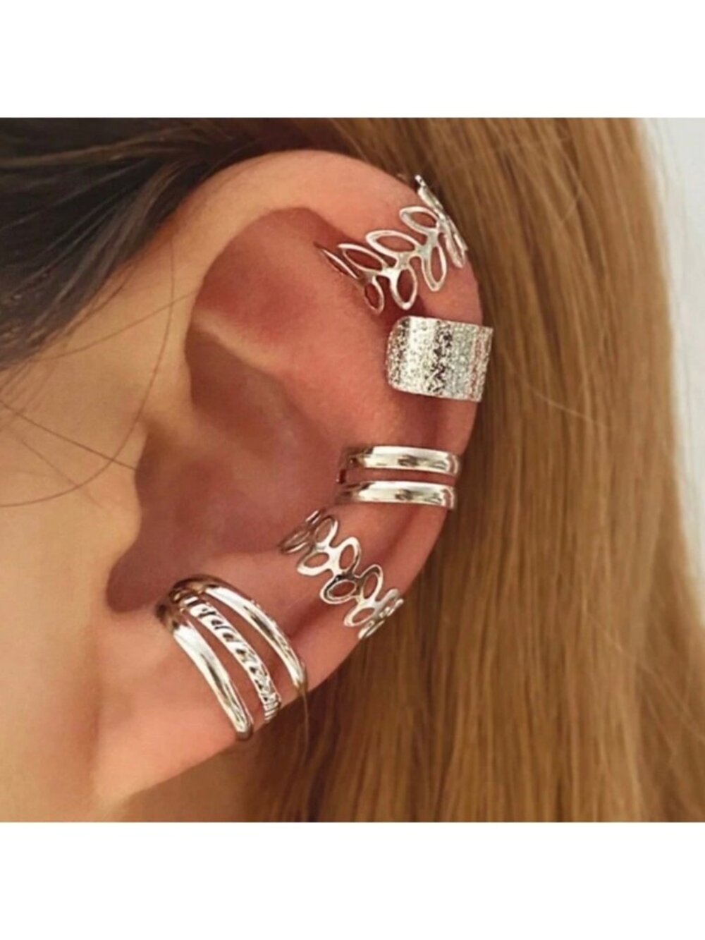 Silver 5pc Leaf Ear Cuffs